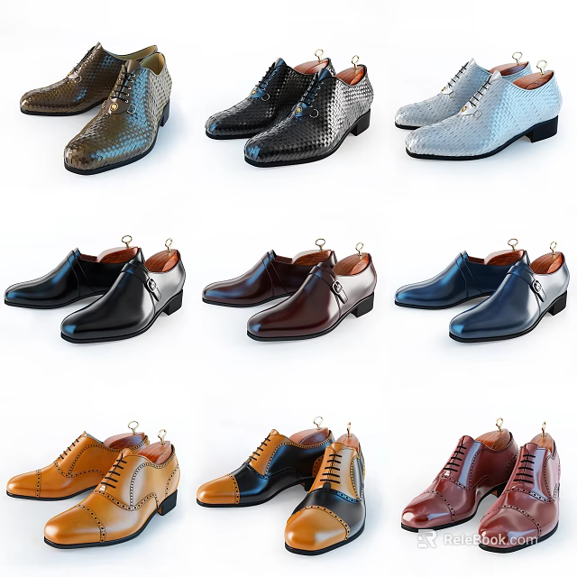 Stylish Lace Up Dress Shoes in Black Brown Blue and Tan Colors for Formal Wear 3d model 