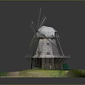 Traditional Windmill Architecture With Wooden Blades Stone Base And Grass Platform