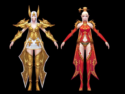 Game and Movie Characters in Golden Red Armor With Elaborate Headdress and Detailed Outfits 3d model