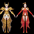 Game and Movie Characters in Golden Red Armor With Elaborate Headdress and Detailed Outfits