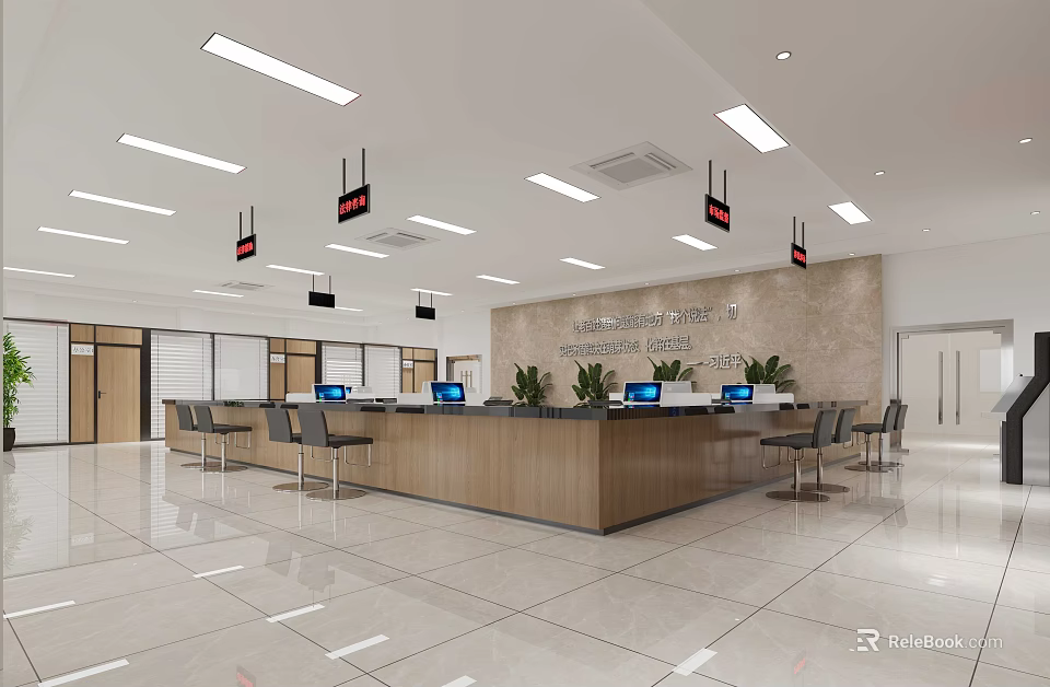 Modern Service Hall Interior With Reception Counter Computers Seats Plants And Bright Lighting 3d model 
