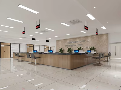 Modern Service Hall Interior With Reception Counter Computers Seats Plants And Bright Lighting 3d model