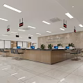 Modern Service Hall Interior With Reception Counter Computers Seats Plants And Bright Lighting