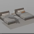 Two Single Beds with Brown Headboard Gray Bedding Pillows and Nightstand on Rug
