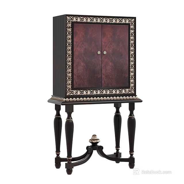 Vintage Entryway Console Cabinet With Burgundy Doors Gold Accents And Carved Legs 3d model 