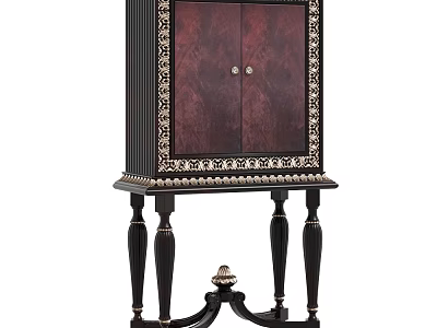 Vintage Entryway Console Cabinet With Burgundy Doors Gold Accents And Carved Legs 3d model