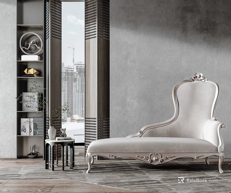 White Velvet Chaise Lounge With Carved Details In Room With Gray Wall And Wooden Floor 3d model 