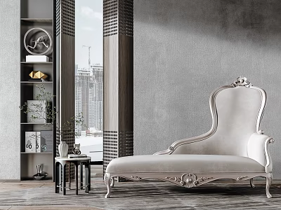 White Velvet Chaise Lounge With Carved Details In Room With Gray Wall And Wooden Floor 3d model