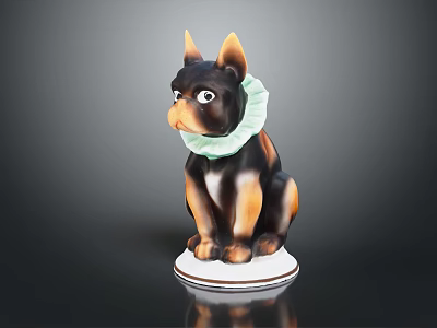 Ceramic Dog Figurine With Black Brown Fur And Green Collar On White Base 3d model