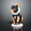 Ceramic Dog Figurine With Black Brown Fur And Green Collar On White Base
