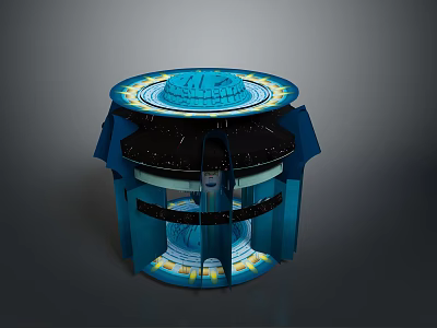 Scenic Futuristic Night Landscape Featuring Circular Multi Layered Structure with Blue and Yellow Lighting 3d model
