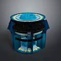 Scenic Futuristic Night Landscape Featuring Circular Multi Layered Structure with Blue and Yellow Lighting