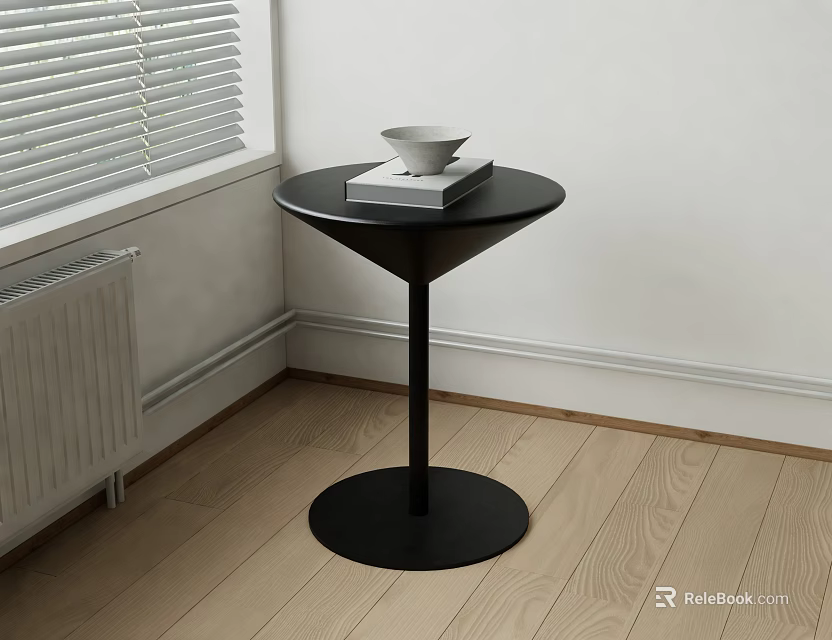 Black Side Table in Corner with White Bowl and Book on Light Wooden Floor 3d model 