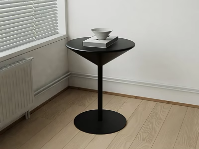 Black Side Table in Corner with White Bowl and Book on Light Wooden Floor 3d model