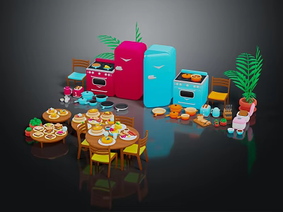 Kitchen Decorative Ornament Set With Red Blue Refrigerators Ovens Dining Table Chairs And Potted Plant 3d model