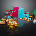 Kitchen Decorative Ornament Set With Red Blue Refrigerators Ovens Dining Table Chairs And Potted Plant