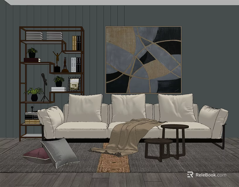 Light Colored Three Seater Sofa With Throw Pillows Side Table And Abstract Wall Art 3d model