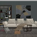 Light Colored Three Seater Sofa With Throw Pillows Side Table And Abstract Wall Art 3d model