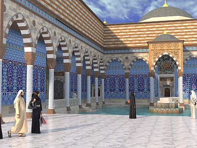 Arab Style Courtyard With Blue Tiled Arches Golden Accents Pool And Traditional Attire 3d model