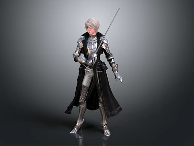 Game Movie Character With Silver Hair In Medieval Armor Holding Sword And Black Cape 3d model