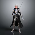 Game Movie Character With Silver Hair In Medieval Armor Holding Sword And Black Cape