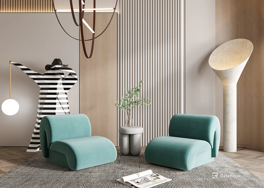 Turquoise Casual Sofa Set In Modern Interior With Striped Backdrop Floor Lamp And Green Plant 3d model 