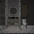 Modern Bathroom Interior With Round Mirror Vanity Toilet And Gray Tiles
