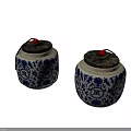 Traditional Ceramic Jars With Blue And White Floral Pattern And Red Knob Lids