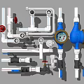 Essential Plumbing Pipe Fittings With White Pipes Blue Meters Valves And Connectors