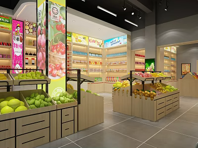 Bright Organized Supermarket Retail Store With Fresh Fruit Displays And Multiple Product Shelves 3d model