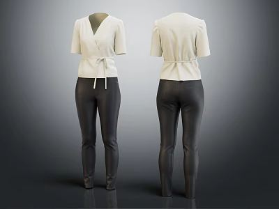 Women's Cream Top With Tie Waist And Dark Tight Pants Front Back View 3d model