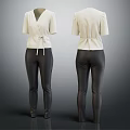 Women's Cream Top With Tie Waist And Dark Tight Pants Front Back View