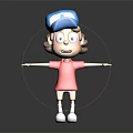 3D Cartoon Character In Blue Cap Red T-Shirt With Brown Curly Hair And Outstretched Arms