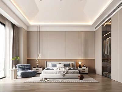Modern Bedroom Interior Design With Recessed Ceiling Lighting Wooden Flooring And Built In Wardrobe 3d model