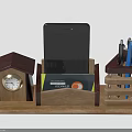 Wooden Desktop Organizer With Clock Phone Stand And Pen Holder
