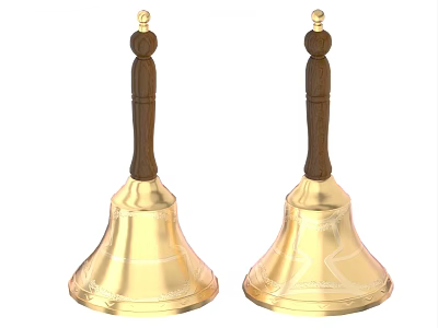 Two Golden Decorative Bells with Wooden Handles and Ornate Details 3d model