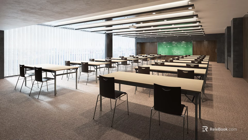 School Classroom With Neatly Arranged Desks And Chairs Green Blackboard Large Windows And Bright Environment 3d model 