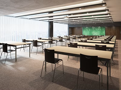 School Classroom With Neatly Arranged Desks And Chairs Green Blackboard Large Windows And Bright Environment 3d model