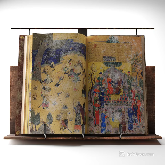 Open Ancient Manuscript With Colorful Historical Illustrations And Worn Pages On Display Stand 3d model 