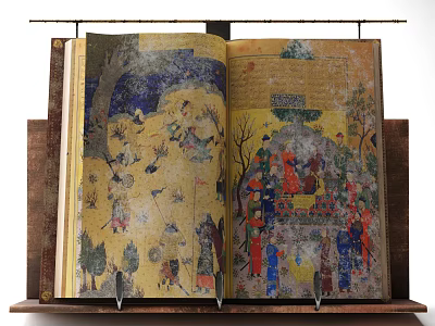 Open Ancient Manuscript With Colorful Historical Illustrations And Worn Pages On Display Stand 3d model