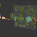 Cartoon Style Green Plant 3D Models With Various Types Leaves Branches And Grass