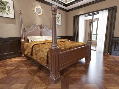 Traditional Wooden Four Poster Double Bed With Golden Quilt Decorative Headboard And Dark Wall Panels 3d model