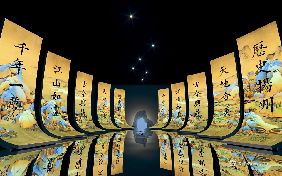 Ancient Chinese Scrolls With Calligraphy And Reflections In Illuminated Hall 3d model 