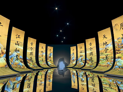 Ancient Chinese Scrolls With Calligraphy And Reflections In Illuminated Hall 3d model