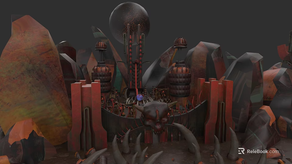 Futuristic Garden Landscape With Spherical Structures Towers And Red Architectural Elements 3d model