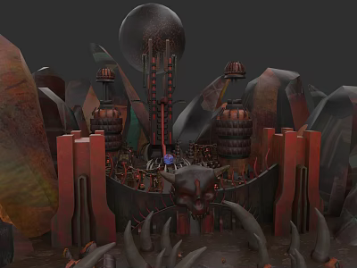 Futuristic Garden Landscape With Spherical Structures Towers And Red Architectural Elements 3d model