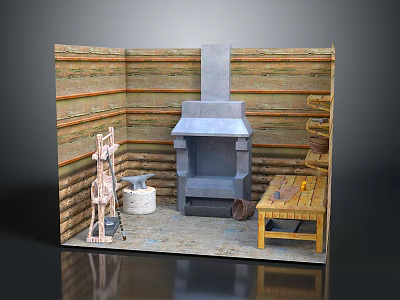 Traditional Handcraft Workshop With Wooden Walls Stone Fireplace Anvil Wooden Bucket And Tools On Workbench 3d model