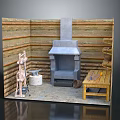Traditional Handcraft Workshop With Wooden Walls Stone Fireplace Anvil Wooden Bucket And Tools On Workbench