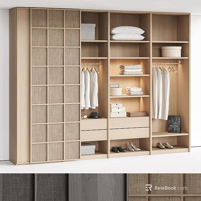 Modern Wooden Wardrobe Interior With Woven Lattice Doors Hanging Rods Drawers Storage Boxes And Shoes 3d model 