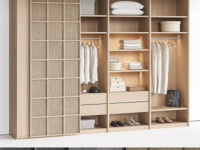 Modern Wooden Wardrobe Interior With Woven Lattice Doors Hanging Rods Drawers Storage Boxes And Shoes 3d model